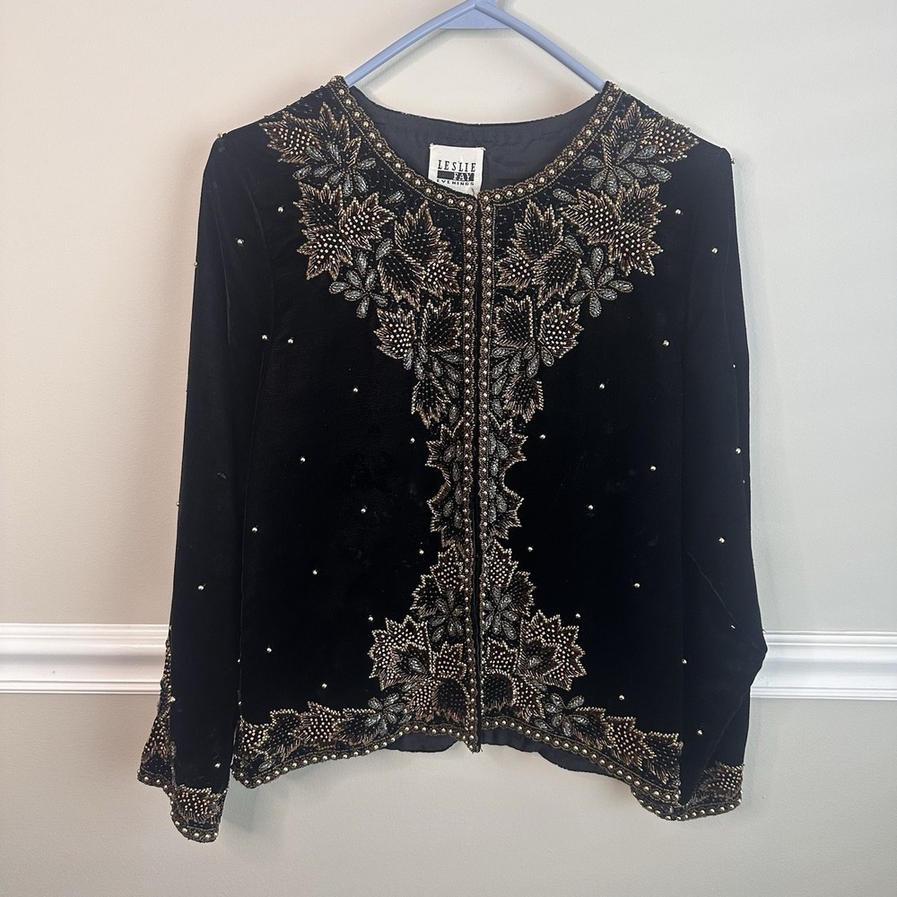 Vtg Leslie Fay Evenings Black Velvet Beaded Gala Jacket M Holiday Party Formal